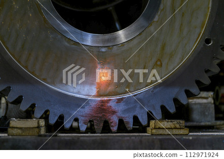 Big steel gear. Engine room. Marine engine. Diesel. Big steel gear. Engine room. Marine engine. Diesel. 112971924