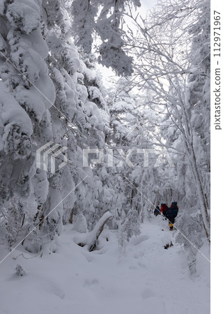 Climbers and snowy scenery on the Shibunoyu route (Karasawa Kosen Branch - Kuroyuri Hutte) on Mt. Higashi Tengu during the midwinter in Chino City, Nagano Prefecture Climbers and snowy scenery on the Shibunoyu route (Karasawa Kosen Branch - Kuroyuri Hutte) on Mt. Higashi Tengu during the midwinter in Chino City, Nagano Prefecture 112971967