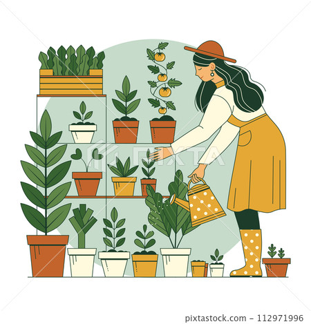 Woman Gardener Watering Plants in Pots 112971996