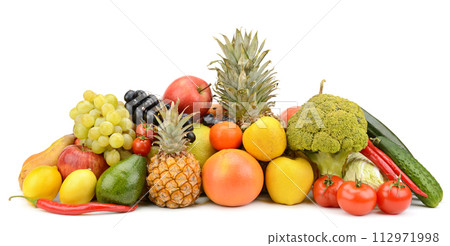 Composition of fresh and healthy vegetables and fruits isolated on white 112971998