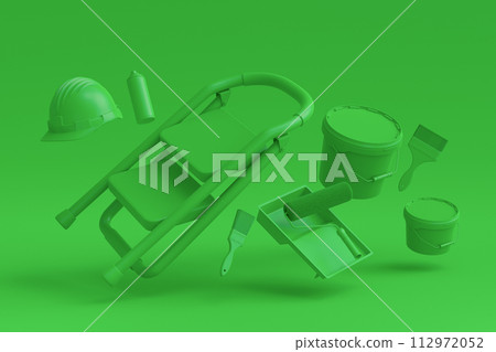 Set of folding ladder, bucket, helmet with paint rollers and brushes 112972052