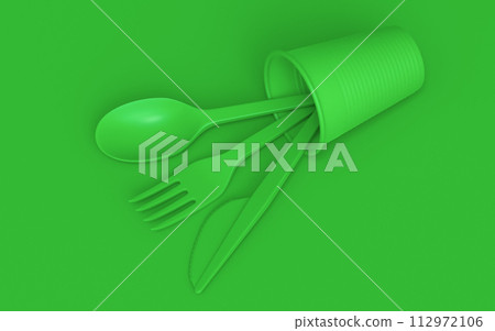 Set of disposable utensils like plate, folk, spoon,knife, cup and pepper mill 112972106