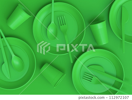 Set of disposable utensils like plate, folk, spoon,knife, cup and pepper mill 112972107