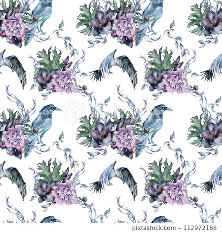 Gothic floral seamless pattern with crow drawn. Black lily, peony and leaves watercolor illustration isolated on white. Dark botanical decoration with black birds. Element for invitation, background Gothic floral seamless pattern with crow drawn. Black lily, peony and leaves watercolor illustration isolated on white. Dark botanical decoration with black birds. Element for invitation, background 112972166