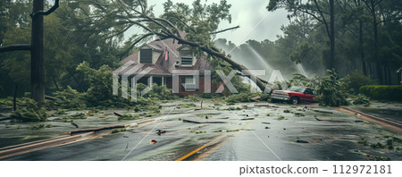 A tree felling after a hurricane on a car and a house . The consequences of the raging disaster. 112972181