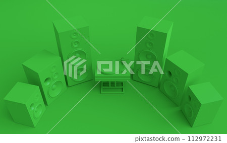 Set of Hi-fi speakers and DJ turntable for sound recording studio on monochrome 112972231