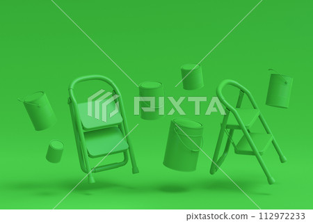 Set of metal cans or buckets with paint roller, brush and folding ladder 112972233
