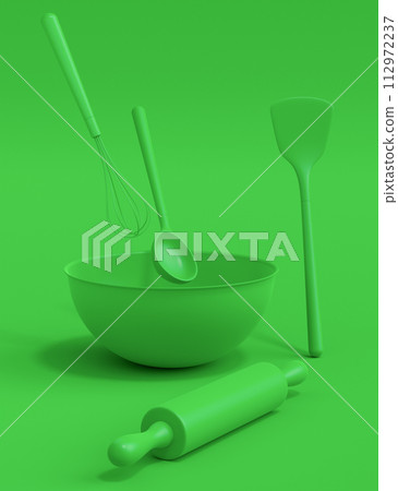 Wooden kitchen utensils, tools and equipment on green monochrome background. Wooden kitchen utensils, tools and equipment on green monochrome background. 112972237