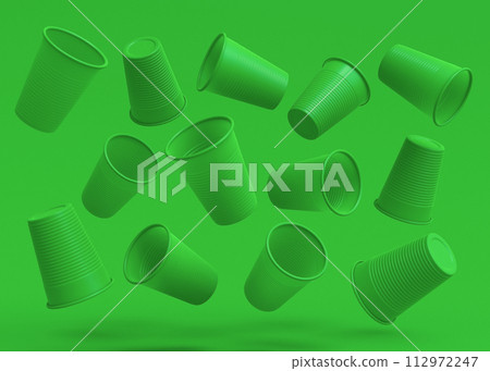 Set of plastic disposable party cup for juice, fresh, beer on monochrome green Set of plastic disposable party cup for juice, fresh, beer on monochrome green 112972247