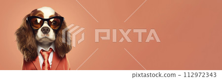 Dog in tie and glasses, suit and tie. Copy space. Color of the year 2024, Peachy Fuzz banner 112972343