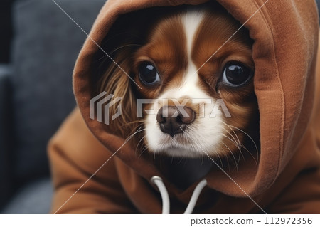 Dog wearing parka or coat in animal clothing on city street. Cavalier King Spaniel. Dog fashion 112972356