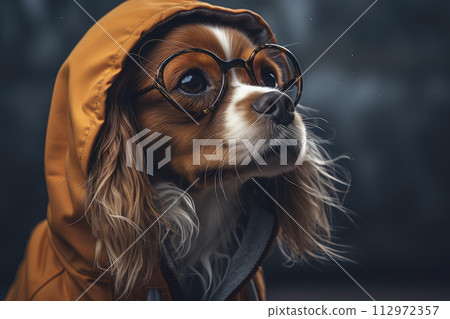 Dog wearing parka or coat in animal clothing on city street. Cavalier King Spaniel. Dog fashion 112972357