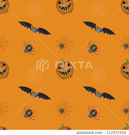 Bats, lanterns and candelabras on a blue background, Halloween. Vector color pattern Bats, lanterns and candelabras on a blue background, Halloween. Vector color pattern 112972416