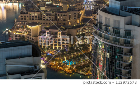 Dubai downtown night aerial timelapse 112972578