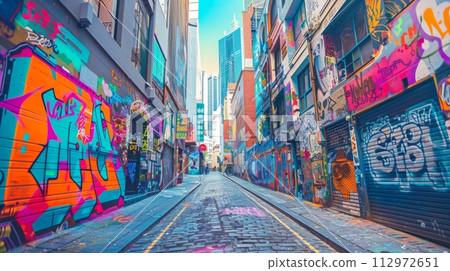 AI-generated content. Vibrant graffiti art on urban alleyway walls 112972651