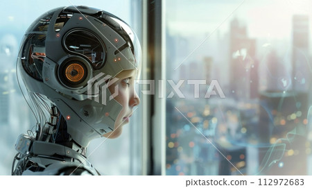 AI-generated content. Child with robot head gazing out over a futuristic city 112972683