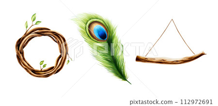 Marker illustration of ethnic wooden dream catcher pendant, wreath of twigs with spring leaves and peacock feather in watercolor style. Hand painted holder isolated on white background. Clip art for 112972691