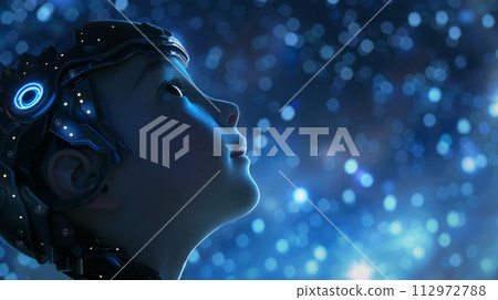 AI-generated content. Futuristic robot with glowing blue lights and bokeh background 112972788