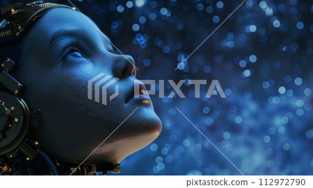 AI-generated content. Futuristic child android gazes at glowing blue lights 112972790
