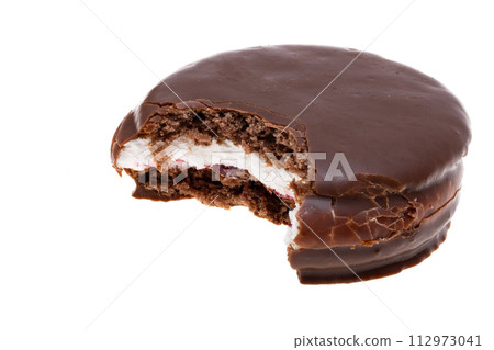 chocolate biscuit sandwich in chocolate glaze isolated 112973041