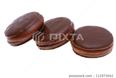 chocolate biscuit sandwich in chocolate glaze isolated 112973042