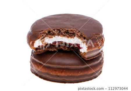 chocolate biscuit sandwich in chocolate glaze isolated 112973044