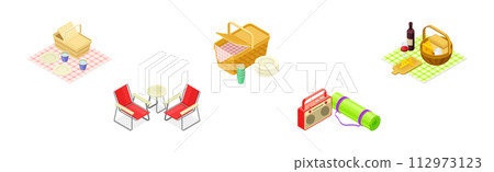 Picnic Camping Element and Object Isometric Vector Set 112973123