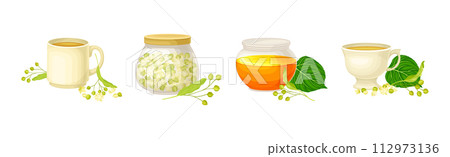 Linden Honey Jar and Aromatic Blossom Vector Set 112973136