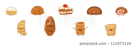 Cute Baked Pastry and Kawaii Bun with Smiling Face Vector Set 112973139