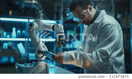 AI-generated content. Engineer programming robotic arm in modern factory 112973655