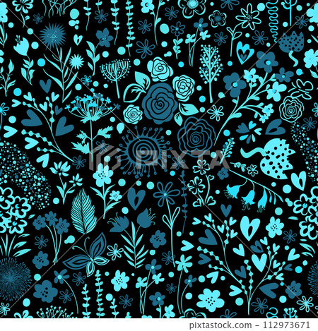 Seamless background of small blue flowers on a black background. hand drawing. Not AI, Vector illustration Seamless background of small blue flowers on a black background. hand drawing. Not AI, Vector illustration 112973671