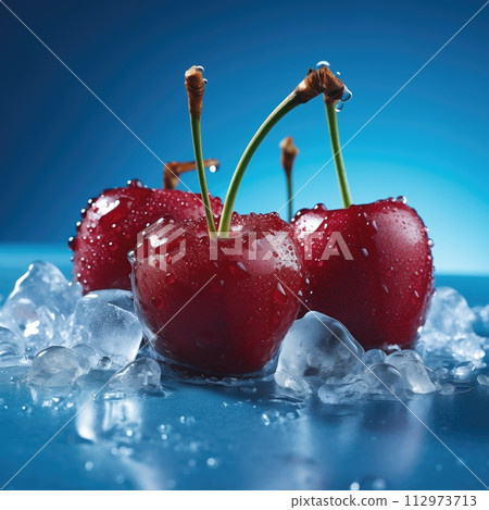Red cherries with crushed ice cubes on dark blue background 112973713