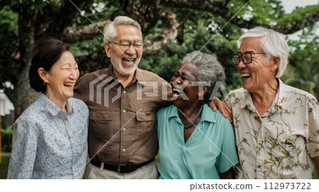AI-generated content. Senior friends enjoying a casual outdoor gathering 112973722