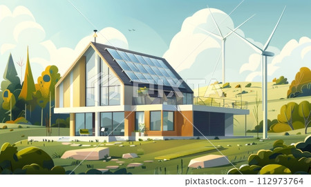 AI-generated content. Modern eco-friendly home with solar panels and wind turbines 112973764