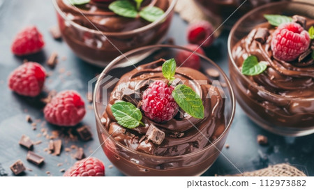 AI-generated content. Decadent chocolate mousse with fresh raspberries on top AI-generated content. Decadent chocolate mousse with fresh raspberries on top 112973882