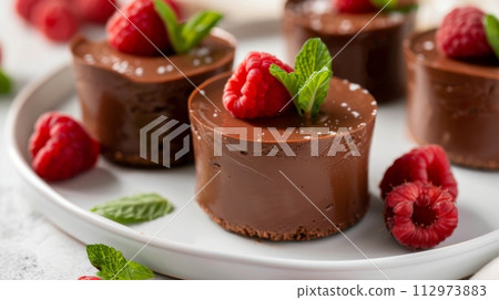 AI-generated content. Elegant chocolate mousse desserts with fresh raspberries 112973883