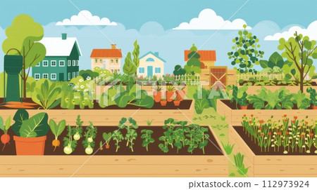 AI-generated content. Community garden with raised beds and colorful houses AI-generated content. Community garden with raised beds and colorful houses 112973924