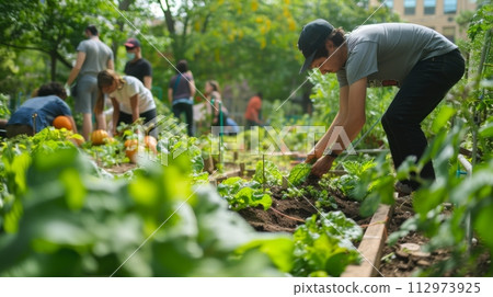 AI-generated content. Community gardening together in an urban garden space 112973925