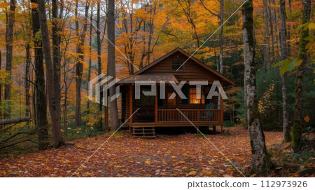 AI-generated content. Cozy cabin nestled in autumn woods with colorful foliage 112973926