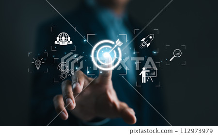 Business growth and marketing target concepts. Businessman touching aim bullseye and other business icons. Goal objective strategy plan action, Target success, Achievement company, Investment goals, 112973979