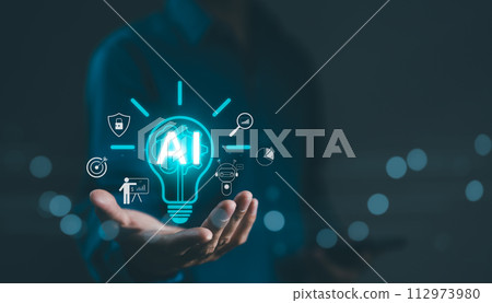 Businessman holding lightbulb of AI and artificial intelligence automation. Computer connection with information intelligent technology. AI prompt generate, AI for business, AI tech concept. Chat bot, Businessman holding lightbulb of AI and artificial intelligence automation. Computer connection with information intelligent technology. AI prompt generate, AI for business, AI tech concept. Chat bot, 112973980