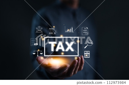 TAX concept. Man show TAX for individual income tax return form online for tax payment. government, state taxes. Data analysis, financial research, report. Calculation return. Value added Tax VAT, 112973984