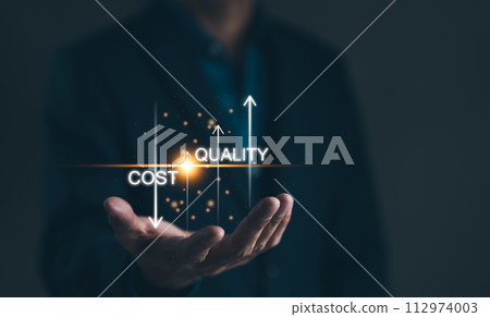 Cost reduction concept. Quality increase and cost optimization for products or services to improve and enhance company performance. Successful corporate strategy and management. Effective business, Cost reduction concept. Quality increase and cost optimization for products or services to improve and enhance company performance. Successful corporate strategy and management. Effective business, 112974003