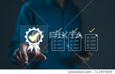 Standardization and certification checklist concept. Compliance with regulation and standard. Management with Quality Assurance QA. Quality Control QC. Improvement. business certificate, guarantee, Standardization and certification checklist concept. Compliance with regulation and standard. Management with Quality Assurance QA. Quality Control QC. Improvement. business certificate, guarantee, 112974009