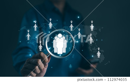 CRM Customer Relationship Management concept. Global business customer network technology. Data exchange development. Customer service, social media. Digital marketing online, Advertising on internet, 112974035