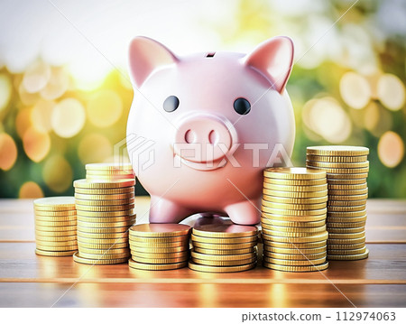 Piggy bank in the shape of a pig with gold coins. Coin box in the shape of a pig. Blurred background. Generative AI. Piggy bank in the shape of a pig with gold coins. Coin box in the shape of a pig. Blurred background. Generative AI. 112974063