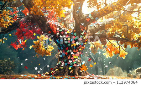 A magical tree in rays of the sun, decorated with colored puzzle pieces. Generated AI A magical tree in rays of the sun, decorated with colored puzzle pieces. Generated AI 112974064