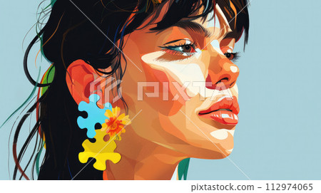 Illustration of portrait of sensual girl with earrings in shape of a puzzle Illustration of portrait of sensual girl with earrings in shape of a puzzle 112974065