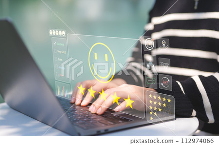 User feedback and review satisfaction, Service experience rating online application, 5 star score happy smile, Evaluation of product service quality by customers. Customer satisfaction survey concept. 112974066