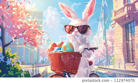 A white rabbit carries Easter eggs in a basket on a bicycle. Generated AI 112974070